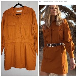 Happy X Nature Linen Dress Kate Hudson Long Sleeve Pockets XL Golden Brown
